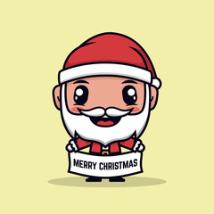 Santa Claus Boy Cute Character. Carrying Banner of Greeting Merry Christmas And Happy New Year Cartoon Art. Vector Illustration