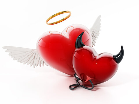 Angel and evil hearts isolated on white background. 3D illustration