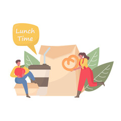 Fototapeta na wymiar Lunch time people concept, vector illustration. Man and woman character with an Apple, bagel. Vector illustration for poster, web page, banner