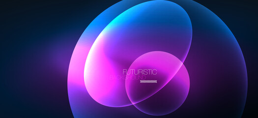 Neon ellipses abstract backgrounds. Shiny bright round shapes glowing in the dark. Vector futuristic illustrations for covers, banners, flyers and posters and other