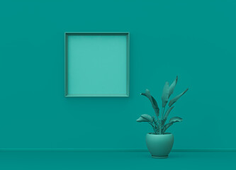 Single poster frame and single flower in flat green color room, monochrome concept, 3d rendering