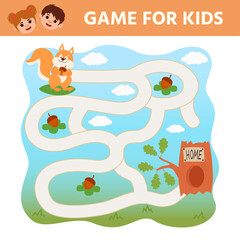 Education game for children. Maze. Help the squirrel get to the tree house. Preschool worksheet activity. Children funny riddle entertainment for the development of logical thinking