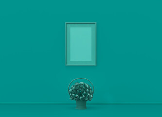 Single vertical poster frame with frame mat and single flower in flat green color room, monochrome concept, 3d rendering