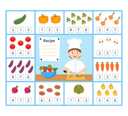 Math education for kids. Help the chef calculate the amount of vegetables. Developing counting skills.  Children funny riddle entertainment for the development of logical thinking
