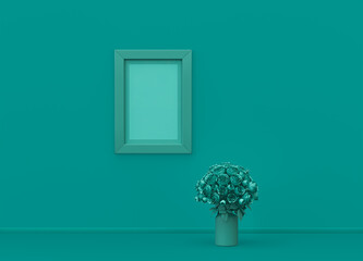 Single vertical poster frame with frame mat and single flower in flat green color room, monochrome concept, 3d rendering