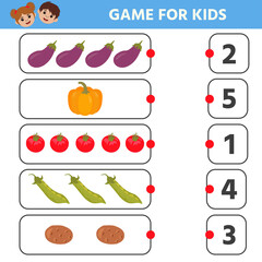 Math Education game for children. How many vegetables. Kids learning material. Preschool worksheet activity. Children funny riddle entertainment for the development of logical thinking