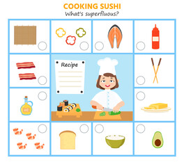Game for kids. Cooking sushi. What's superfluous?  Preschool worksheet activity. Children funny riddle entertainment for the development of logical thinking
