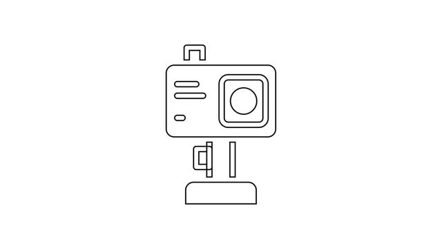 Black line Action extreme camera icon isolated on white background. Video camera equipment for filming extreme sports. 4K Video motion graphic animation
