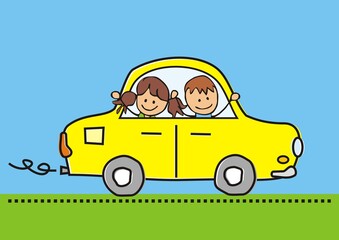 Girl and boy at car, color vector funny illustration on blue background