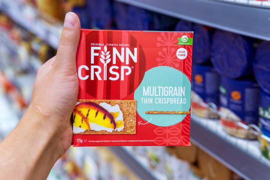 Tyumen, Russia-August 01, 2020: Finn Crisp thin sourdough rye bread finn crisp is included in Lantmannen cerealia