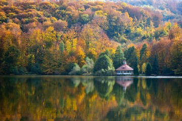 Abandanod cottage on autumn lake.