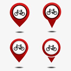 Set of red map pointer with bicycle icon. Bike path. Bike store pin location. IIlustration vector