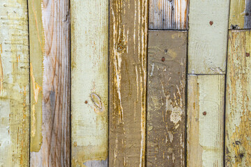old retro texture of wooden yellow fence old paint with nails. background