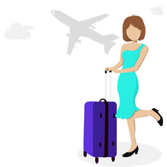 Petty short hair girl wearing light green dress with purple suitcase is standing at the airport. Air travel to warm countries. Cute women with luggage at the airport are going on vacation flat vector