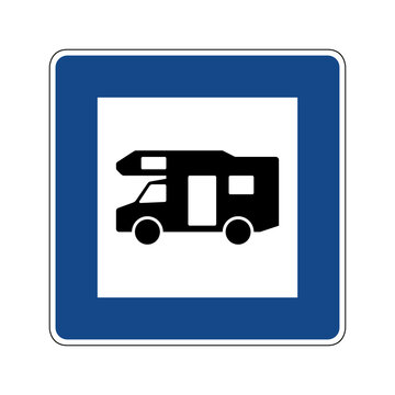 Motor caravan campsite road sign. Vector illustration of blue traffic sign with camper icon inside. Caravan motorhome parking symbol on blue board isolated on white background. 