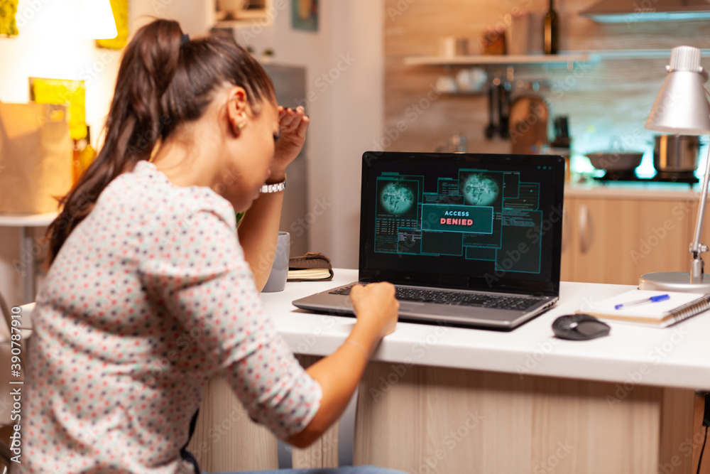 Poster angry hacker woman because of access denied while trying to attack government firewall. programmer w