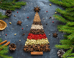 Christmas tree made of variety of spices for christmas and new year festive cooking. Anise stars, cinnamon stick, peppers, coriander, cardamon seeds and cloves. Greeting card design. Christmas concept