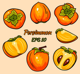 Set of bright vector drawings of persimmon.