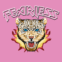 Vector leopard illustration, with bright color , tee shirt graphics, vectors, Fearlees typography.