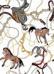 belts,rope and golden chains mix pattern with two brown horses and horse saddle.