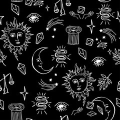Doodle hand drawn vector seamless pattern with magic attributes,sun and moon, tarot symbols.