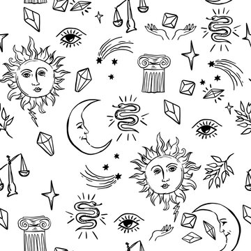 alchemy mystic pattern with moon and sun, stars and other symbols. cosmic sky. perfect for textile, wrapping paper.