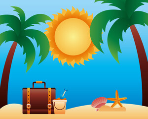 hello summer season with sun and suitcase in beach scene