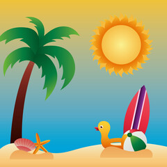 Fototapeta na wymiar hello summer season with tree palm and icons in beach scene