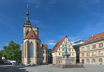 Stuttgart, Germany. Schillerplatz square with Friedrich Schiller memorial and Stiftskirche...