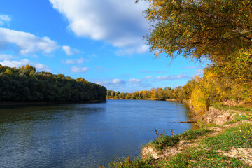 autumn landscape, bright colorful forest at sunny day, trees near river and blue sky