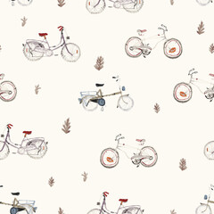 Seamless texture of lifestyle. Hand drawn sketch watercolour painting on simple background. concept illustration of Set bike and leaf elements.