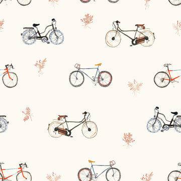 Seamless texture of lifestyle. Hand drawn sketch watercolour painting on simple background. concept illustration of Set bike and leaf elements.