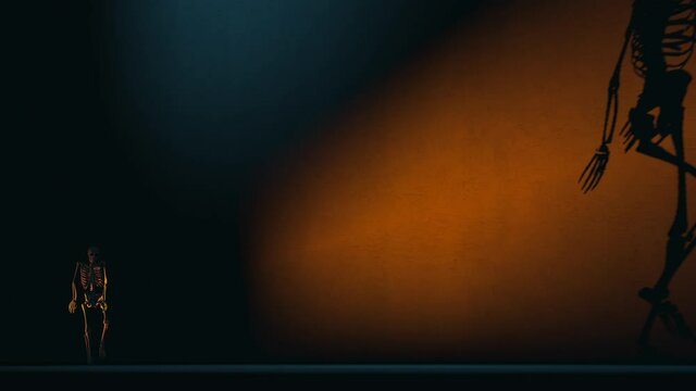 Spooky Skeleton Casting Large Shadow on Wall - 3D Illustration Animation