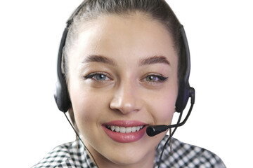 Young woman in customer service center. Young girl providing support with smile. Call center support team helping people. Answer questions. Assist people with technical support. 