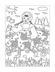 Fototapeta na wymiar Beautiful cheerful girl rag doll walking outdoor coloring page 