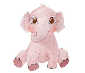 Cute baby elephant sitting watercolor illustration. Children illustration character. Hand painted pink elephant isolated on white background.