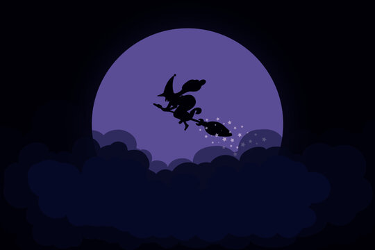 A flying Witch on the broomstick against a backdrop of a big moon with clouds at night. Vintage halloween card vector. 