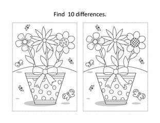 Find 10 differences visual puzzle and coloring page with three different flowers in one pot, butterflies and moths
