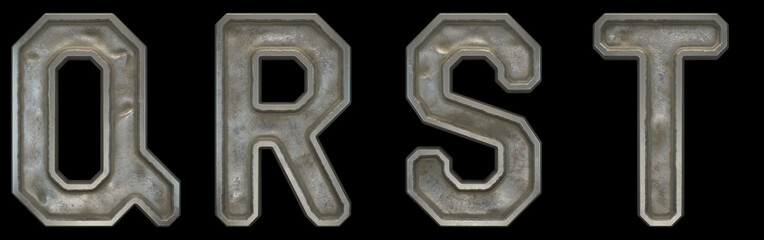 Set of capital letters Q, R, S, T made of industrial metal isolated on black background. 3d