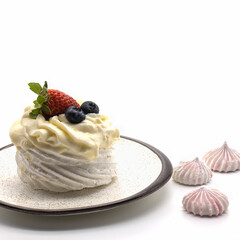 High meringue on a saucer. Top decorated with whipped cream, fresh strawberries, blueberries. Nearby are three small meringues. Plate with brown rim and specks. Isolated over white background. 