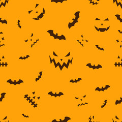 Fototapeta na wymiar Halloween custom seamless pattern. Bats, Funny and spooky facial expressions. Vector