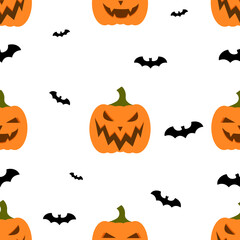 Halloween custom pumpkins and bat seamless pattern. Funny and spooky facial expressions. Vector