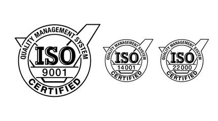 ISO 9001 certified stamp in 3 versions - year 2000, 2008 and 2015 - quality management system international standard emblem with check mark - isolated vector sign