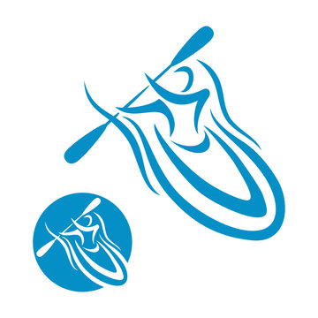 Canoeing logo or kayaking sport emblem - man silhouette that rowing with oars and paddle down the river