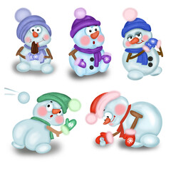 snowmen in hats and mittens  cute snowman in a hat scarf and mittens with different emotions on a white background