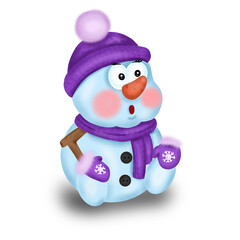 the snowman in the purple cap was surprised cute snowman in a hat scarf and mittens with different emotions on a white background