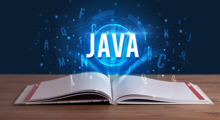 JAVA inscription coming out from an open book, digital technology concept