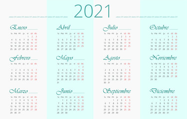 Spanish 2021 year calendar template. 12 months. Week starts on Monday. Vector editable template 10 EPS. Horizontal poster, banner, web