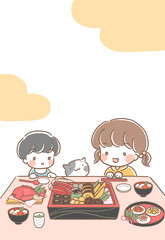 年賀状・おせちを食べる家族(文字・干支なし)
