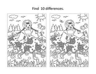 Find 10 differences visual puzzle and coloring page with beautiful cheerful girl rag doll walking outdoor
